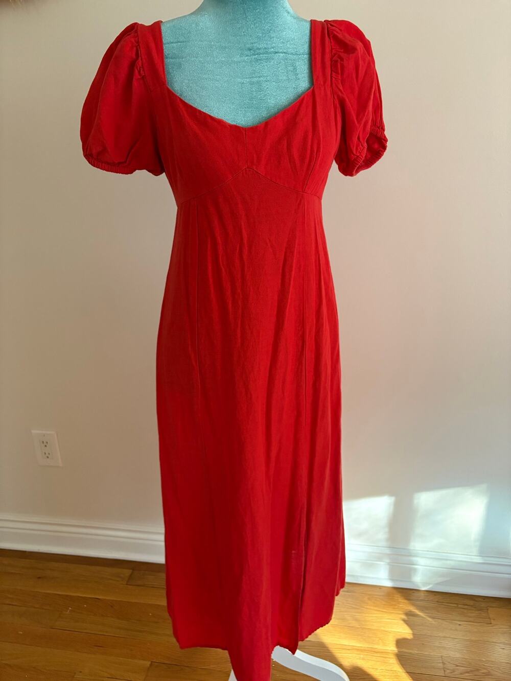 Primark Cares Red Linen Blend Puff Sleeve Midi Dress Smocked Square Neck US 2